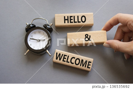 Hello and Welcome symbol. Concept words Hello and Welcome on wooden blocks. Businessman hand. Beautiful grey background with alarm clock. Business and Hello and Welcome concept. Copy space. 136535692