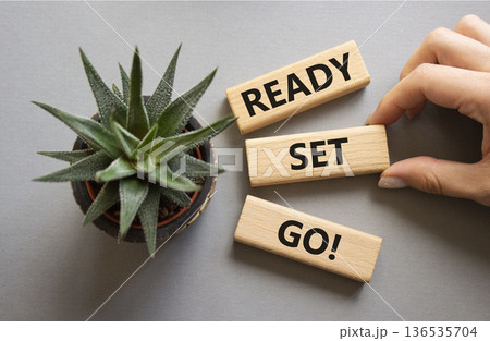 Ready Set Go symbol. Concept words Ready Set Go on wooden blocks. Beautiful grey background with succulent plant. Businessman hand. Business and Ready Set Go concept. Copy space. Ready Set Go symbol. Concept words Ready Set Go on wooden blocks. Beautiful grey background with succulent plant. Businessman hand. Business and Ready Set Go concept. Copy space. 136535704