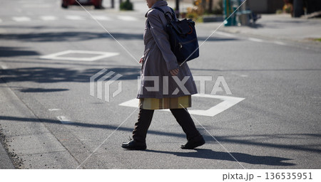 冬の昼の都市の街で歩くシニア女性の姿 136535951