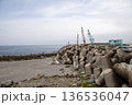 海岸線に並ぶ大量の消波ブロックと港のクレーン 136536047