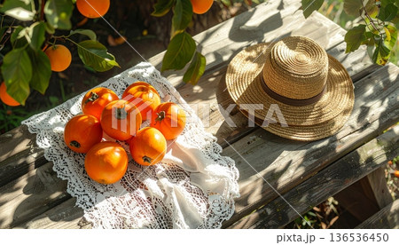 Persimmon with Straw Hat on Rustic Wooden Table Persimmon with Straw Hat on Rustic Wooden Table 136536450