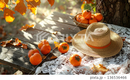 Persimmon with Straw Hat on Rustic Wooden Table in Autumn Persimmon with Straw Hat on Rustic Wooden Table in Autumn 136536466