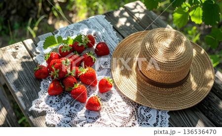 Strawberries with Straw Hat on Rustic Wooden Table Strawberries with Straw Hat on Rustic Wooden Table 136536470