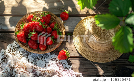 Strawberries with Straw Hat on Rustic Wooden Table 136536471