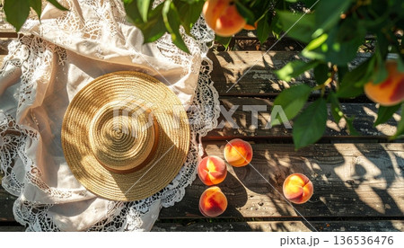 Peaches with Straw Hat on Rustic Wooden Table 136536476
