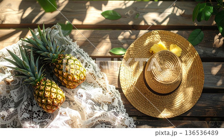 Pineapple with Straw Hat on Rustic Wooden Table 136536489
