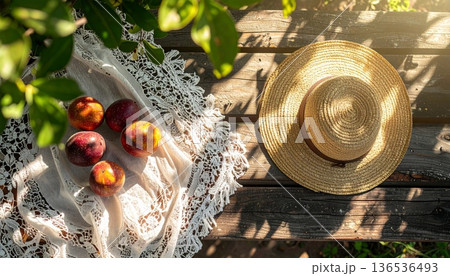 Passion Fruit with Straw Hat on Rustic Wooden Table 136536493