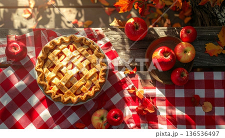 Apple Pie on Rustic Wooden Table in Autumn 136536497