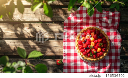 Fruit Tart on Rustic Wooden Table in Spring Fruit Tart on Rustic Wooden Table in Spring 136536502