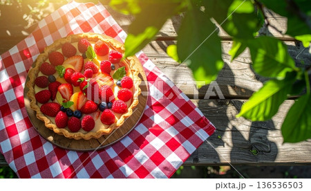 Fruit Tart on Rustic Wooden Table in Spring 136536503