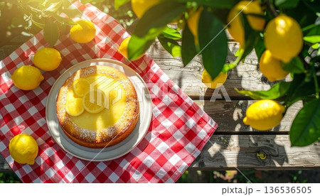 Lemon Cake on Rustic Wooden Table in Spring 136536505