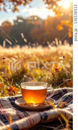 Roasted Barley Tea on Picnic Blanket in Meadow 136536513