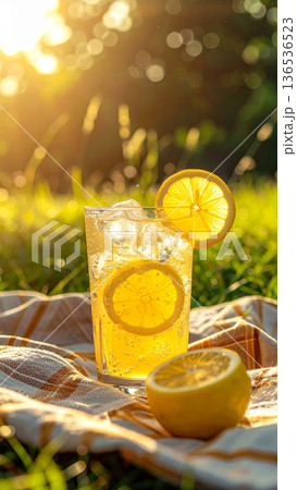 Lemon Soda on Picnic Blanket in Meadow Lemon Soda on Picnic Blanket in Meadow 136536523