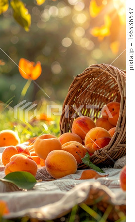 Apricots Spilling from Wicker Basket on Picnic Blanket in Summer 136536537
