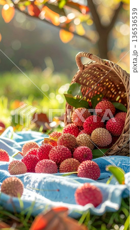 Lychees Spilling from Wicker Basket on Picnic Blanket in Summer Lychees Spilling from Wicker Basket on Picnic Blanket in Summer 136536539
