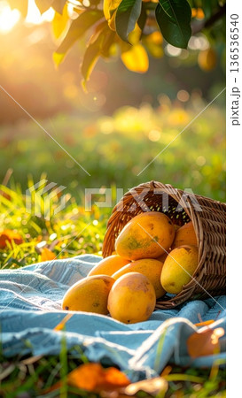 Mangoes Spilling from Wicker Basket on Picnic Blanket in Summer Mangoes Spilling from Wicker Basket on Picnic Blanket in Summer 136536540