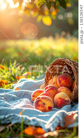 Peaches Spilling from Wicker Basket on Picnic Blanket in Spring 136536547