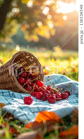 Cherries Spilling from Wicker Basket on Picnic Blanket in Spring 136536549