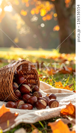 Chestnuts Spilling from Wicker Basket on Picnic Blanket in Autumn 136536554