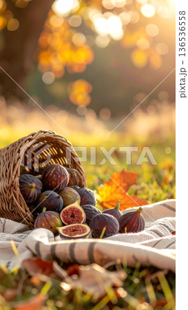 Figs Spilling from Wicker Basket on Picnic Blanket in Autumn Figs Spilling from Wicker Basket on Picnic Blanket in Autumn 136536558