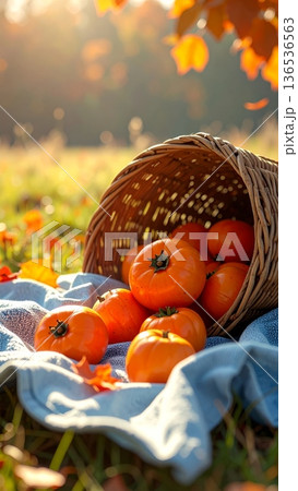 Persimmons Spilling from Wicker Basket on Picnic Blanket in Autumn 136536563