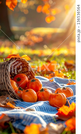 Persimmons Spilling from Wicker Basket on Picnic Blanket in Autumn Persimmons Spilling from Wicker Basket on Picnic Blanket in Autumn 136536564