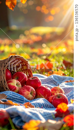 Red Apples Spilling from Wicker Basket on Picnic Blanket in Autumn Red Apples Spilling from Wicker Basket on Picnic Blanket in Autumn 136536570