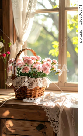 Picnic Basket with Carnations on Wooden Counter in Rustic Cottage Kitchen Picnic Basket with Carnations on Wooden Counter in Rustic Cottage Kitchen 136536571