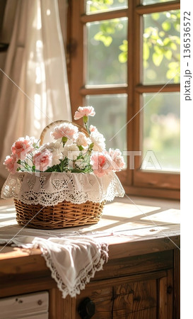 Picnic Basket with Carnations on Wooden Counter in Rustic Cottage Kitchen Picnic Basket with Carnations on Wooden Counter in Rustic Cottage Kitchen 136536572