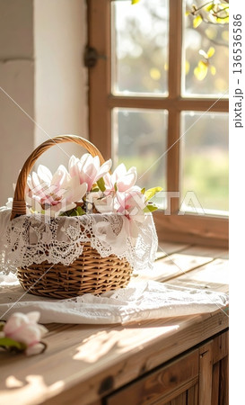 Picnic Basket with Magnolias on Wooden Counter in Rustic Cottage Kitchen 136536586