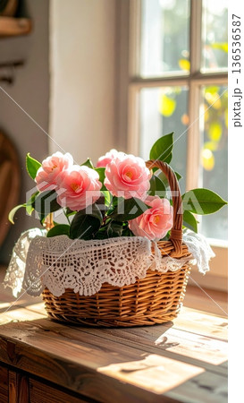 Picnic Basket with Camellias on Wooden Counter in Rustic Cottage Kitchen Picnic Basket with Camellias on Wooden Counter in Rustic Cottage Kitchen 136536587