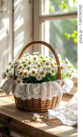 Picnic Basket with Daisies on Wooden Counter in Rustic Cottage Kitchen 136536598