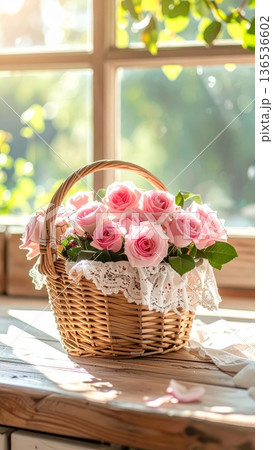 Picnic Basket with Pink Roses on Wooden Counter in Rustic Cottage Kitchen 136536602