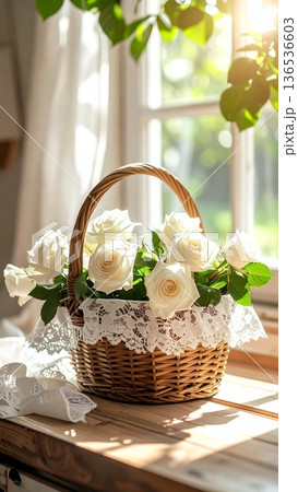 Picnic Basket with White Roses on Wooden Counter in Rustic Cottage Kitchen Picnic Basket with White Roses on Wooden Counter in Rustic Cottage Kitchen 136536603