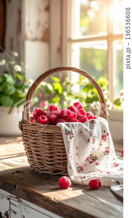 Picnic Basket with Raspberries on Wooden Counter in Cottage Kitchen Picnic Basket with Raspberries on Wooden Counter in Cottage Kitchen 136536608