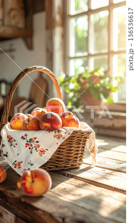 Picnic Basket with Peaches on Wooden Counter in Cottage Kitchen 136536617