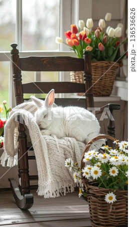 Sleeping White Rabbit on Brown Rocking Chair on Cottage Porch 136536626