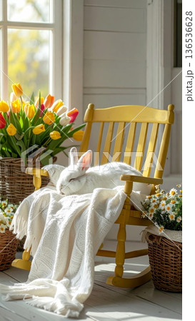 Sleeping White Rabbit on Yellow Rocking Chair on Cottage Porch 136536628