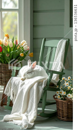 Sleeping White Rabbit on Light Green Rocking Chair on Cottage Porch 136536631