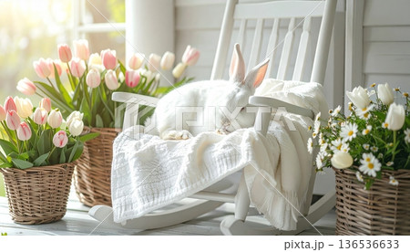 Sleeping White Rabbit on White Rocking Chair on Cottage Porch 136536633