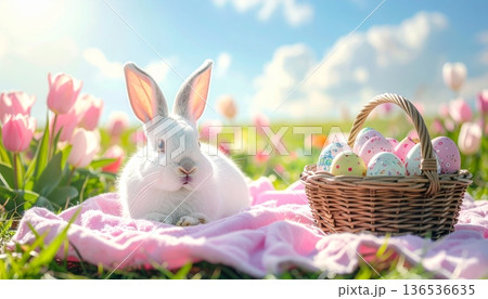 White Rabbit on Pink Picnic Blanket with Tulips and Easter Eggs 136536635