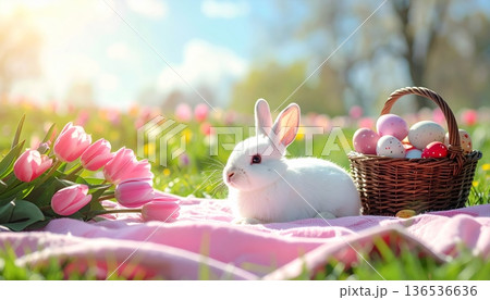White Rabbit on Pink Picnic Blanket with Tulips and Easter Eggs White Rabbit on Pink Picnic Blanket with Tulips and Easter Eggs 136536636