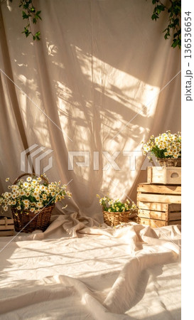 Styled Photography Scene with Daisies in Wicker Basket and Wooden Crate 136536654