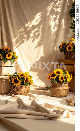 Styled Photography Scene with Sunflowers in Wicker Basket and Wooden Crate Styled Photography Scene with Sunflowers in Wicker Basket and Wooden Crate 136536662