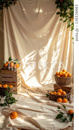 Styled Photography Scene with Oranges in Wicker Basket and Wooden Crate 136536663