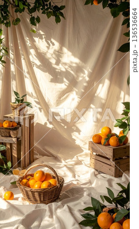 Styled Photography Scene with Oranges in Wicker Basket and Wooden Crate 136536664