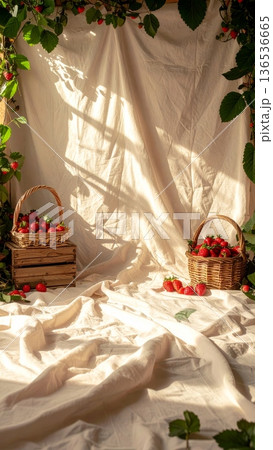 Styled Photography Scene with Strawberries in Wicker Basket and Wooden Crate 136536665