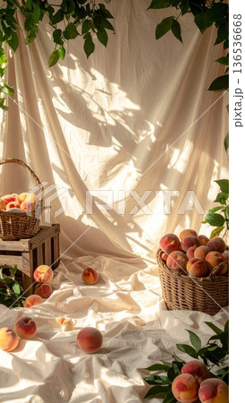 Styled Photography Scene with Peaches in Wicker Basket and Wooden Crate 136536668