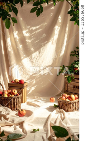 Styled Photography Scene with Apples in Wicker Basket and Wooden Crate 136536669