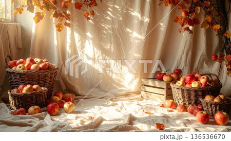 Styled Photography Scene with Apples in Wicker Basket and Wooden Crate Styled Photography Scene with Apples in Wicker Basket and Wooden Crate 136536670